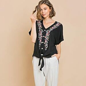 Umgee Black Blouse with Floral Embroidery